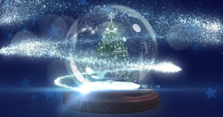 Photo for Shooting star over christmas tree in a snow globe against multiple blue stars icons floating. christmas festivity and celebration concept - Royalty Free Image