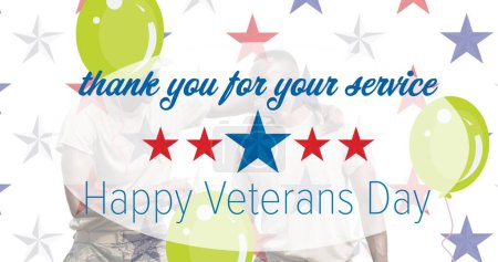 Photo for Composition of happy veterans day text and balloons, stars and two smiling soldiers shaking hands. patriotism, independence, military and celebration concept digitally generated image. - Royalty Free Image