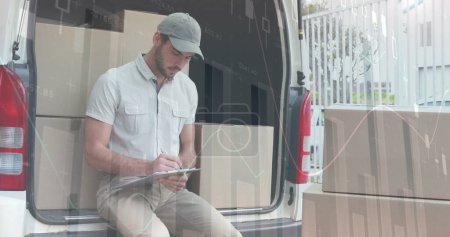 Photo for Statistical data processing against caucasian delivery man writing on clipboard and smiling. logistics and transportation business concept - Royalty Free Image