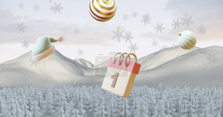 Téléchargez les photos : Image du calendrier avec 1 date numérique et décorations de Noël sur les paysages d'hiver. Noël, fête, tradition et concept de célébration image générée numériquement. - en image libre de droit