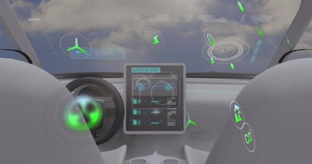 Image of data processing and ecology icons over car and clouds. Global business and digital interface concept digitally generated image.