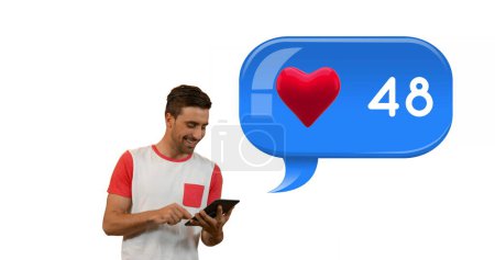Photo for Front view of a Caucasian man beside a blue chat box containing a heart icon and numbers. - Royalty Free Image