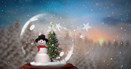 Photo for Image of snow and stars over snow globe with christmas tree and snowman. Christmas, tradition and celebration concept digitally generated image. - Royalty Free Image