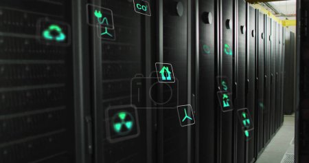 Image of eco icons and data processing over computer servers. Global business, connections, computing and data processing concept digitally generated image.