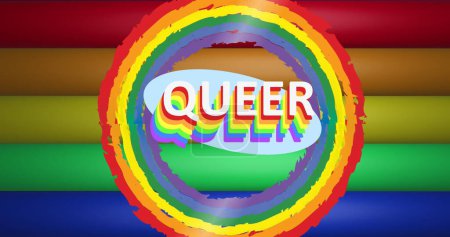 Image of queer text and rainbow circles over rainbow stripes and colours moving on seamless loop. Pride month, lgbtq, human rights and equality concept digitally generated image.