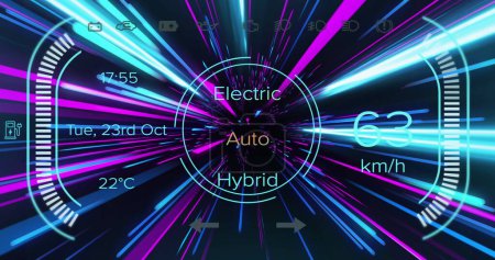 Photo for Image of electric car icons over pink and blue neon light trails. Global connections, computing and data processing concept digitally generated image. - Royalty Free Image