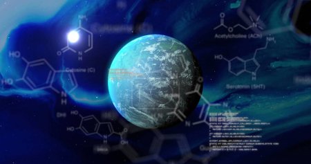 Photo for Image of chemical formulas over blue planet over night sky with moon. Planets, science, cosmos and universe concept digitally generated image. - Royalty Free Image