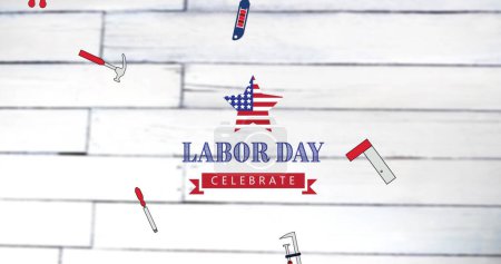 Image of labor day celebrate text over tool icons. labor day and celebration concept digitally generated image.