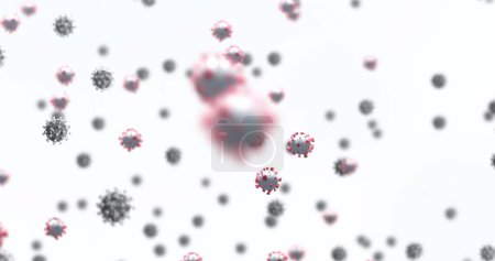 Foto de Imagen de las celdas macro Covid-19 flotando sobre fondo blanco. Compuesto digital del concepto pandémico de Coronavirus Covid-19. - Imagen libre de derechos