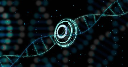 Scanbild des Scanners über DNA-Stränge auf schwarzem Hintergrund. Globale Wissenschaft und digitales Schnittstellenkonzept digital generiertes Bild.