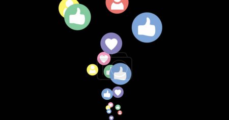 Foto de Imagen digital de círculos coloridos moviéndose hacia arriba con diferentes iconos para redes sociales 4k - Imagen libre de derechos