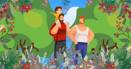 Image of gay couple with child over leaves and trees. pride month and celebration concept digitally generated image.