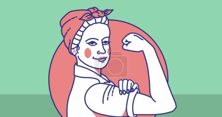 Bild einer Frau mit Muskelsymbol auf grünem Hintergrund. Symbole und Hintergrundkonzept digital generiertes Bild.