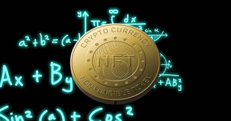 Image of mathematical equations over nft coin on black background. Global business and digital interface concept digitally generated image.