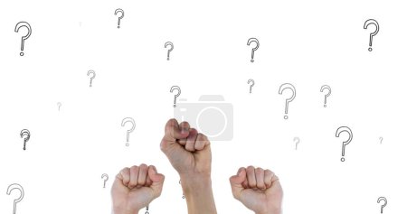Téléchargez les photos : Image of question marks over raising fists on white background. Global education and digital interface concept digitally generated image. - en image libre de droit