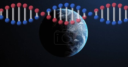 Téléchargez les photos : Image de brin d'ADN filant sur le globe. science globale, interface numérique, technologie et concept de réseau image générée numériquement. - en image libre de droit