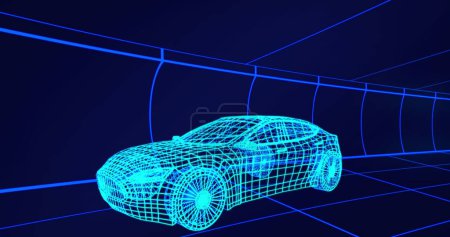 Image of 3d technical drawing of a car in blue, with moving grid in the background 