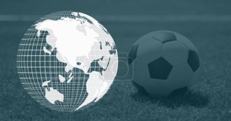 Bild des sich drehenden weißen Globus über dem Fußballball. Fußballweltmeisterschaft Konzept digital generierte Bild.
