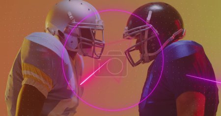 Photo for Image of neon shapes and data processing over caucasian american football players. Sports, competition, data processing and communication concept digitally generated image. - Royalty Free Image