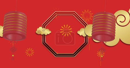 Foto de Imagen de linternas y patrón chino con espacio de copia sobre fondo rojo. Año nuevo chino, festividad, celebración y tradición concepto de imagen generada digitalmente. - Imagen libre de derechos