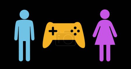 Männliche und weibliche Symbole flankieren ein zentrales Spiel-Controller-Symbol. Die Symbole repräsentieren Geschlechtergerechtigkeit in der Spielkultur.