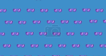 Image of multiple purple sunglasses icons in seamless pattern on blue background with copy space. Style and fashion concept