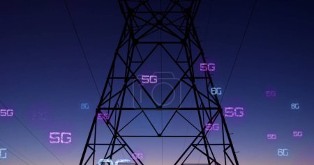 Photo for Image of network of 5g and 6g text over electric pylon. Global networks, connections, data processing and digital interface concept digitally generated image. - Royalty Free Image