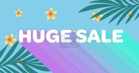 Image of retro huge sale text with gradient purple to blue shadow and flowers on blue. vintage retail, savings and shopping concept digitally generated image.