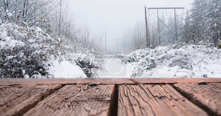 Digitales Zusammenspiel eines Holzdecks, während der Hintergrund einen schneebedeckten Hügel zeigt 