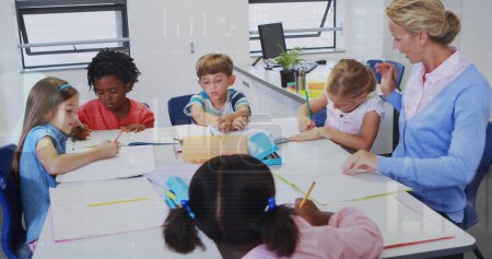 Image of data processing over caucasian female teacher with diverse schoolchildren. Global education and digital interface concept digitally generated image.