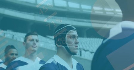 Photo for Image of statistics and data processing over diverse rugby players. Global sports, data processing and competition concept digitally generated image. - Royalty Free Image