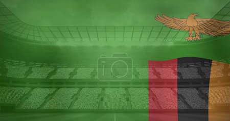 Image of flag of zambia over sports stadium. Global sport and digital interface concept digitally generated image.