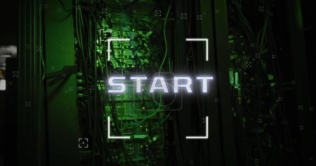 Image of start text and data processing over computer servers. Global connections, business, finance, computing and data processing concept digitally generated image.