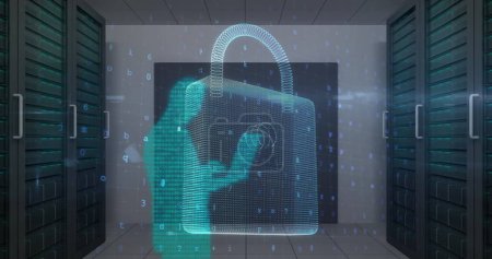 Image d'avertissement de cyberattaque et cadenas sur les silhouettes de personnes dans la salle des serveurs. sécurité Internet globale, connexions et concept de traitement des données image générée numériquement.