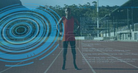 Image of digital data over african american disabled man training with running blade. Sport, disability, durability and technology concept digitally generated image.