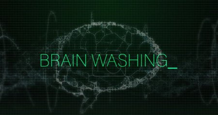 Image of brain washing text over brain. Global business and digital interface concept digitally generated image.