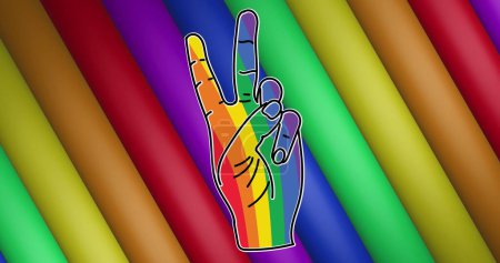 Photo for Image of rainbow hand with victory sign, stripes and colours moving on seamless loop. Pride month, lgbtq, human rights and equality concept digitally generated image. - Royalty Free Image