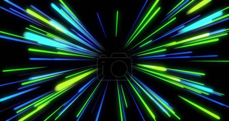 Bild von blauen und grünen Leuchtspuren auf schwarzem Hintergrund. Abstraktes, Neon- und Lichtkonzept, digital generiertes Bild.