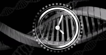 Bild einer Uhr, die sich über dna-Stränge auf schwarzem Hintergrund bewegt. Globale Wissenschaft und digitales Schnittstellenkonzept digital generiertes Bild.