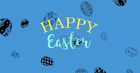 Téléchargez les photos : Image de Pâques heureux et oeufs de Pâques sur fond bleu. Pâques, printemps, tradition et concept de célébration image générée numériquement. - en image libre de droit