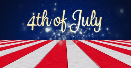 Photo for Image of 4th of july text over stripes and light spots on blue background. Independence day, patriotism and celebration concept digitally generated image. - Royalty Free Image