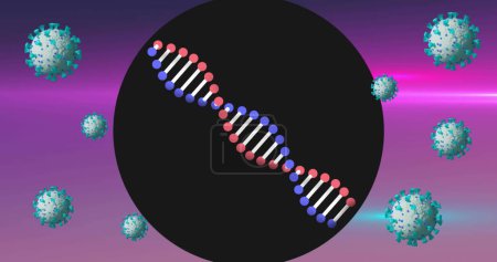 Foto de Imagen de células caídas y hebra de ADN sobre fondo rosa oscuro. Global covid 19 pandemia concepto imagen generada digital. - Imagen libre de derechos