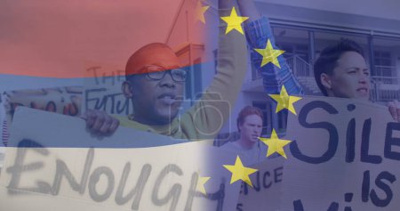Téléchargez les photos : Image du drapeau des Pays-Bas et de l'union européenne sur divers manifestants féminins et masculins. ukraine crise et politique internationale concept image générée numériquement. - en image libre de droit