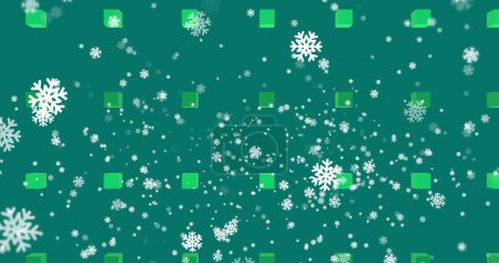 Téléchargez les photos : Image de neige de Noël tombant sur le motif sur fond vert. Noël, fête, célébration et concept de tradition image générée numériquement. - en image libre de droit