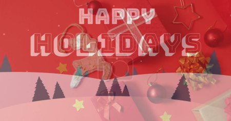 Photo for Image of christmas greetings text over christmas presents and decorations. Christmas, festivity, celebration and tradition concept digitally generated image. - Royalty Free Image