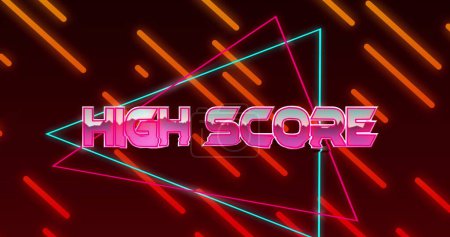 Image of high score text on triangles over lines against abstract background. Digitally generated, hologram, illustration, illuminated, shape, record, image game, arcade and technology concept.