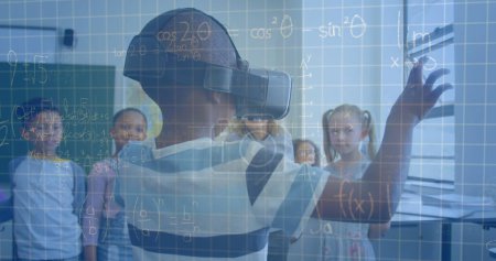Photo for Image of mathematical equations over schoolchildren using vr headsets. global education, technology and connections concept digitally generated image. - Royalty Free Image