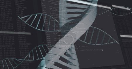 Múltiples estructuras de ADN flotando contra el procesamiento de datos en fondo negro. concepto de investigación médica y tecnología científica