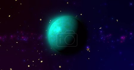 Téléchargez les photos : Image de la planète verte dans l'espace étoilé noir. Planètes, cosmos et univers concept image générée numériquement. - en image libre de droit