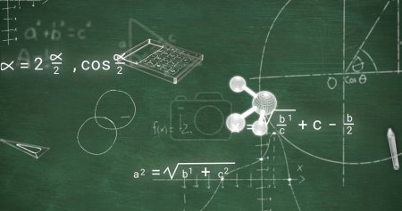 Bild von Symbolen über mathematischen Gleichungen auf grünem Hintergrund. Bildung, Lernen, Wissen, Wissenschaft und digitales Schnittstellenkonzept digital generiertes Bild.